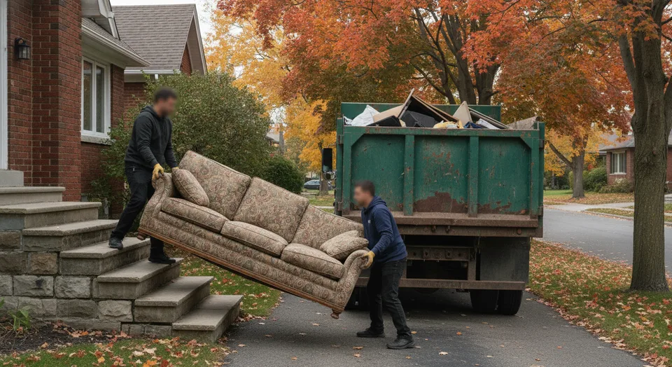 Two-person crew carrying an old sofa out of a Kitchener house toward a dump truck in the driveway